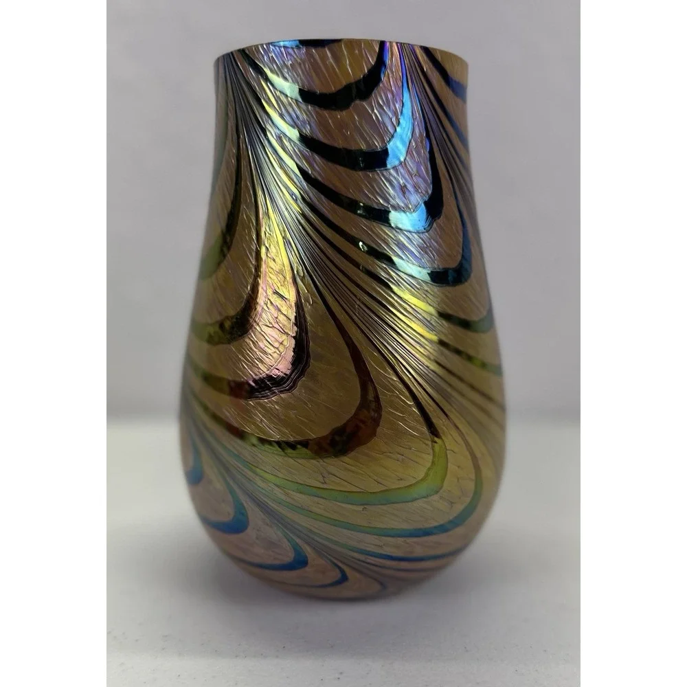 Teleflora Brown Iridescent Peach Opaque Art Glass Vase W/ Swirl Design 7